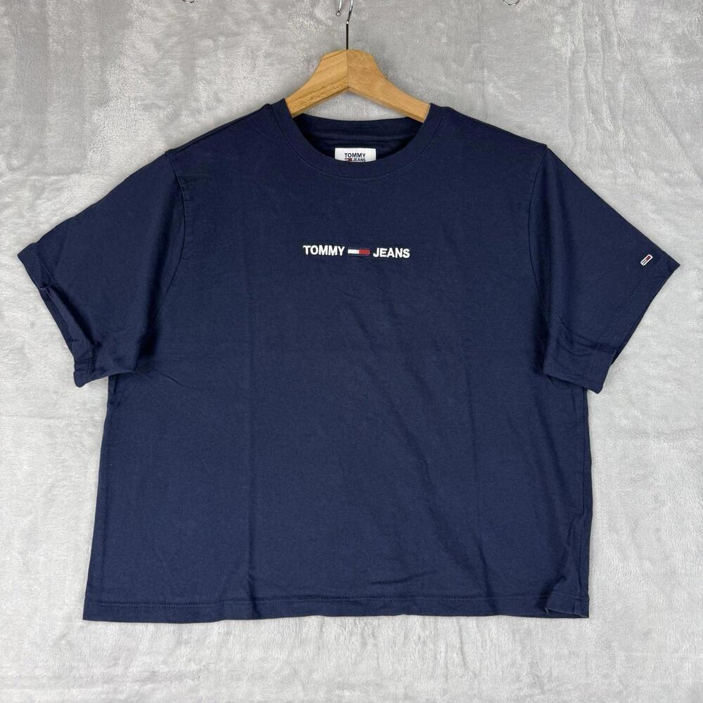 TOMMY HILFIGER OG Logo Women M Cropped T-shirt  Navy Blue Skater Relaxed Cotton